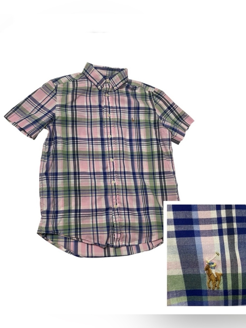 Polo Ralph Lauren short-sleeve plaid shirt flesh pony natural stretch sz L 14-16